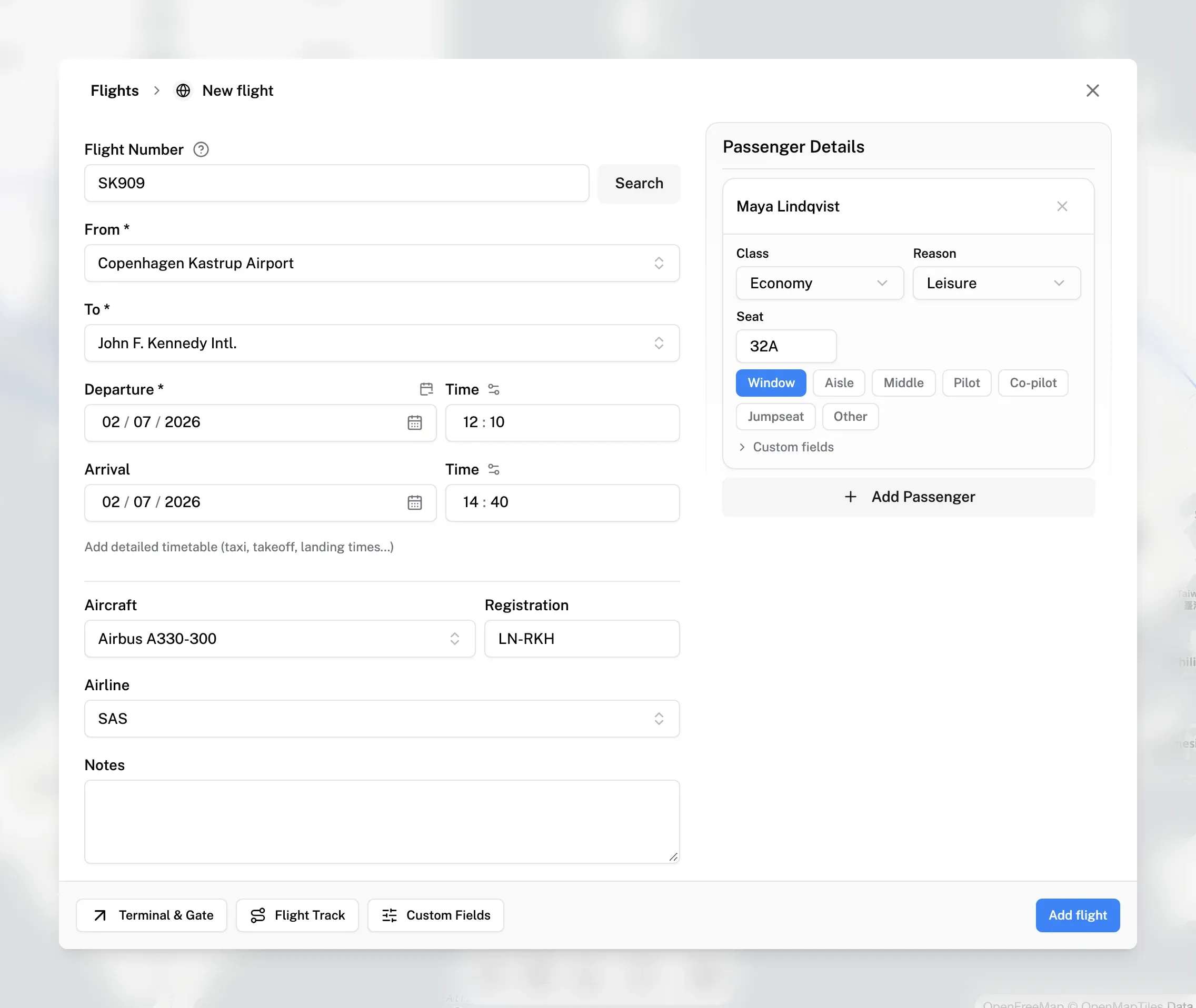 The new flight form filled in for a flight from Copenhagen to New York