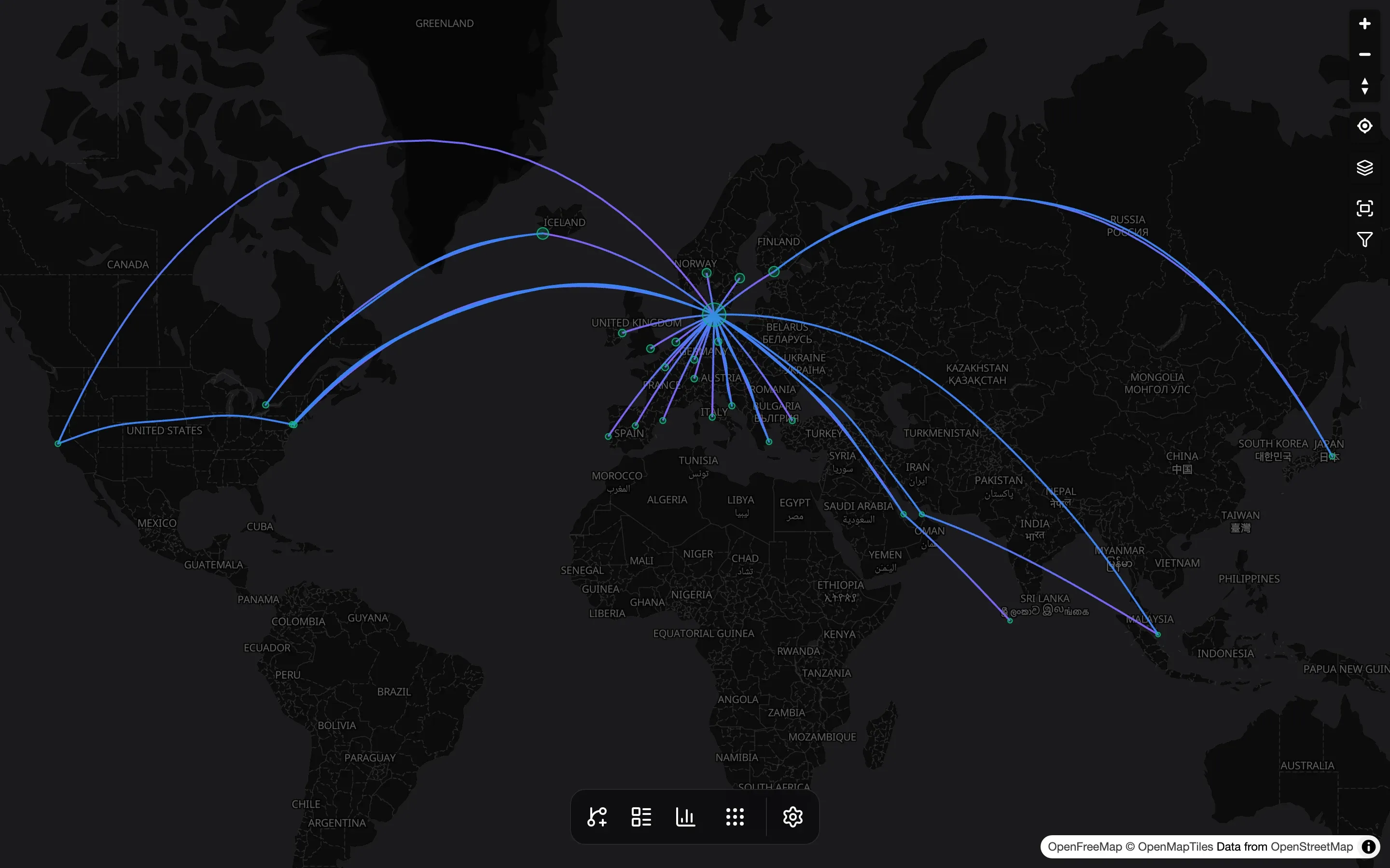 The AirTrail map with flights drawn as arcs from Copenhagen
