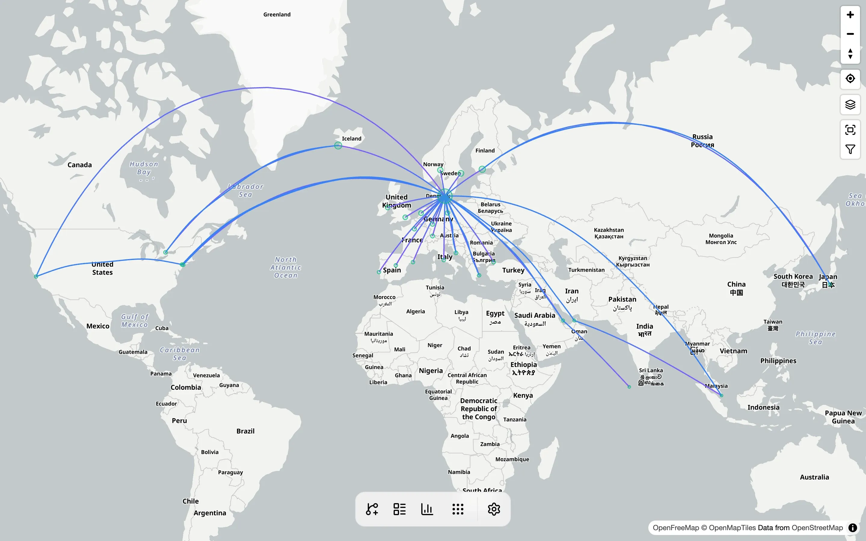 The AirTrail map with flights drawn as arcs from Copenhagen